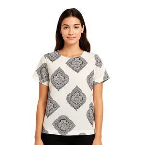 Madewell Blouse XS White Black Baroque Short Sleeve Jewel Neck Paisley Print‎